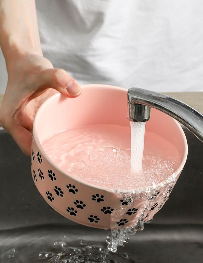 UBEE 6.5 inch Dog Bowls Set of 2, Ceramic Dog Food Water Bowl Dishes with Paw Pattern, Pet Food Water Dish Feeding for Small and Meidum Dogs and Large Cat, Pink