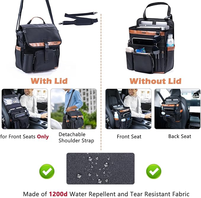 Car Seat Organizer with Laptop Compartment (Fits 15.6"), Front & Backseat Passenger Organizer with Adjustable Strap, Multiple Pockets, Portable Office Bag, Water-Resistant 1200D Polyester