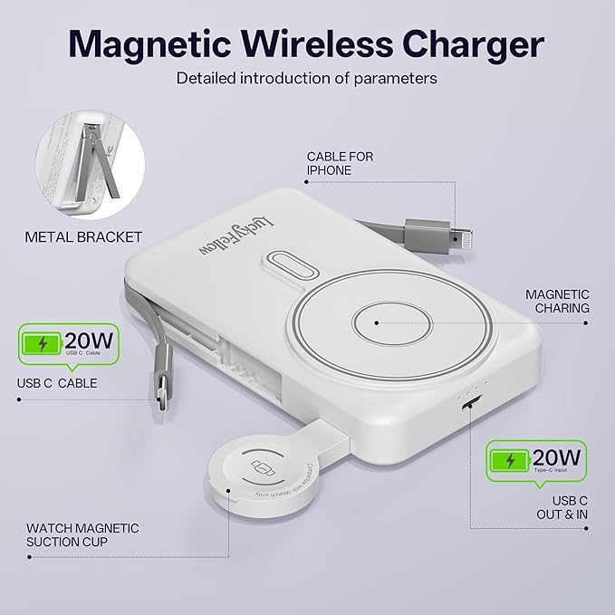 Magnetic Portable Charger Built-in Cables,10000mAh Fast Charging Wireless Charger Station External Battery Pack Slim Pocket Size Power Bank with Stand Compatible with iWatch, iPhone and Android Phones