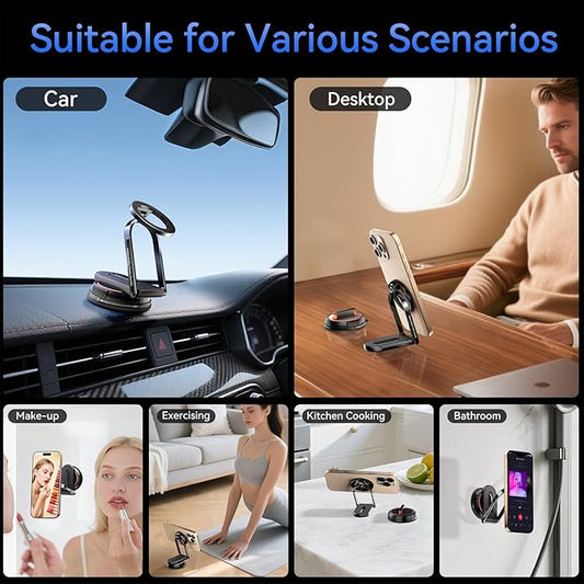 360°Adjustable Vacuum Magnetic Phone Holder for Cars/Shower/ Mirror/Gyms/ Kitchen/Bathroom,[Detachable Phone Stand] [Reliable Suction]Suction Cup Phone Mount Compatible with iPhone & All Phones