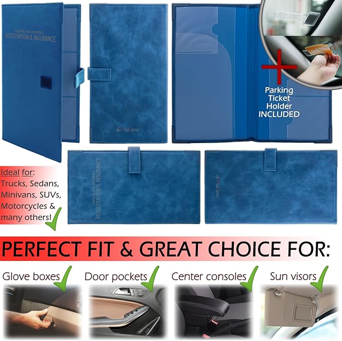 Auto Insurance and Registration Card Holder - Vehicle Glove Box Document Organizer - Car Essential Paperwork Holder for DMV, AAA, Contact Information Cards - Premium PU Leather Wallet Case - Blue