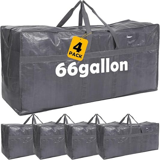 4 Pcs 66 Gallon Large Moving Bags with Zipper and Handles Foldable Storage Duffle Bags Heavy Duty Extra Large Totes for College Dorm Travel Clothes Blankets Bedding Moving (Gray)