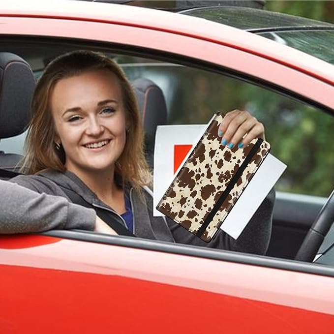 Car Registration and Insurance Card Holder,Leather Vehicle Card Document Glove Box Organizer,Paperwork Wallet Case for Driver's License,ID,Key Information Cards,Men & Women,Brown Cow Print Pattern