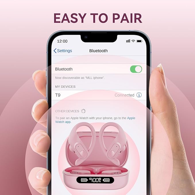occiam Active Noise Cancelling Wireless Earbuds Bluetooth Headphones Ear Buds 96Hrs Playback Clear Call Waterproof Earphones with Ear Hook Microphones for Sport Running (Pink Standard)