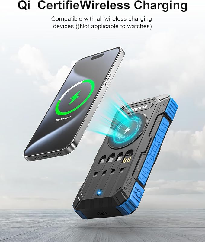 Solar Charger Power Bank, 49800mAh Wireless Portable Phone Charger, 15W QC3.0 Fast Charging External Battery Pack with 4 Built-in Cables, USB-C in/Output, with Dual Flashlights for Outdoor (Blue)