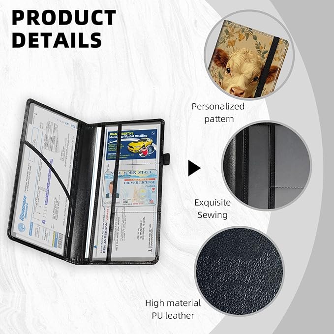 Car Registration and Insurance Holder PU Leather Vehicle Insurance and Registration Holders Wallet Case with Elastic Band Closure for ID Card, Driving Licence, Calf Flower Field