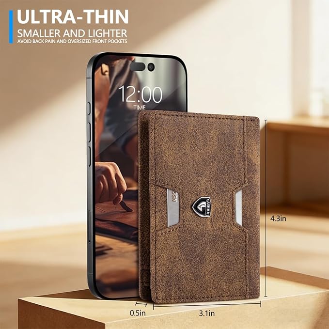 GSOIAX Wallet for Men Slim RFID Blocking Front Pocket Bifold Wallet Leather Money Clip 10-12 Cards Mens Wallet with ID Window Thin Minimalist Credit Card Holder Birthday Gifts for Men Patterned-Brown