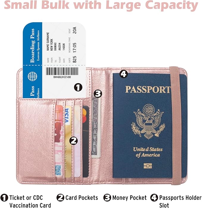 Coowayze US Passport Holder Wallet for Travel Men Women RFID Blocking Passport Cover Case, Waterproof Pink Leather Passport Book Protector with Vaccine Card Slot Travel Document Organizer
