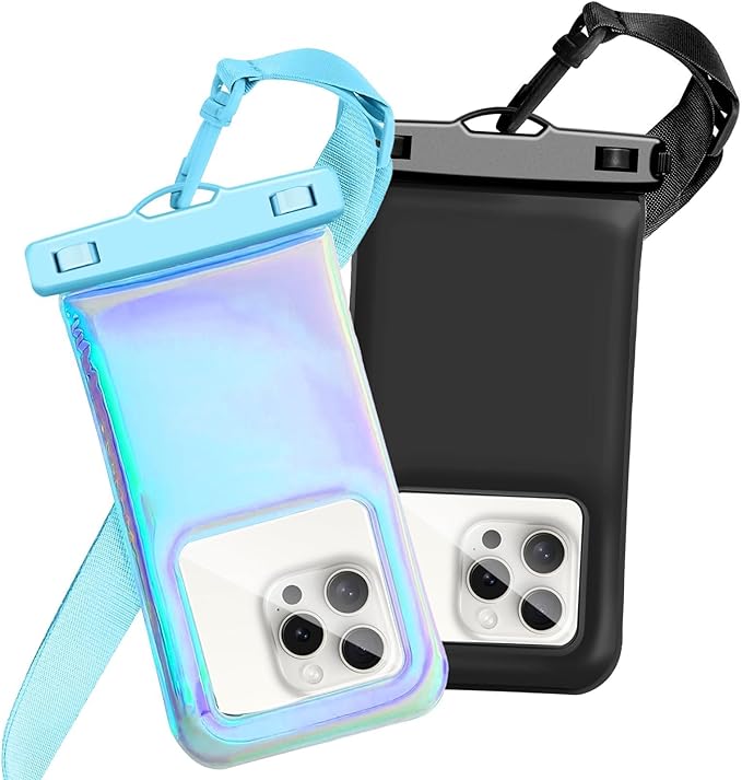 Floatable Waterproof Phone Pouch Case 2 Pax for iPhone 17 16 Pro Max/15/14/13/12, IP68 Travel Cellphone Dry Bag Beach Cruise Ship Essentials Bags with Crossbody Lanyard,Blue and Black-7″