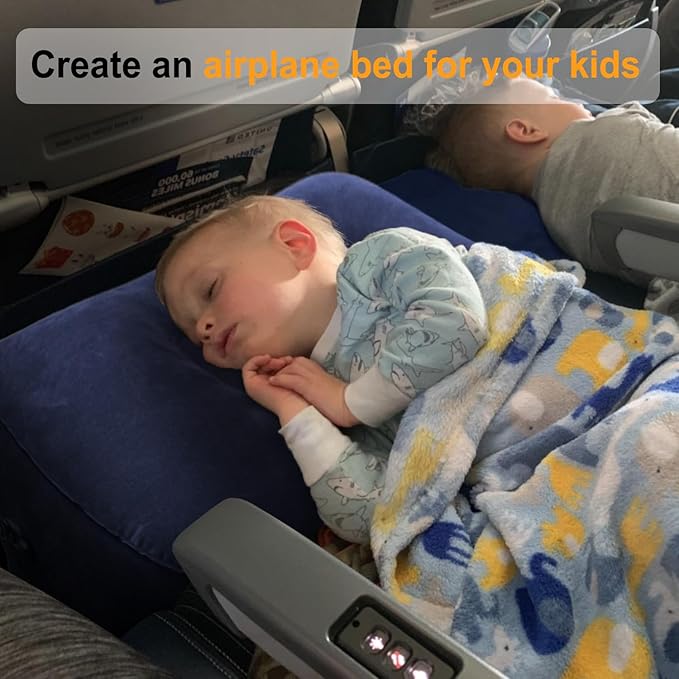 Inflatable Travel Foot Rest Pillow, Kids Airplane Bed, Adjustable Height Leg Pillow for Air Travel, Make a Flat Bed for Kids and Toddlers, Great for Airplane, Train, car（Blue, 1 Pack）