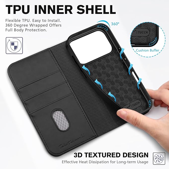 TUCCH Case Wallet for iPhone 17 Pro (6.3") 2025, RFID Blocking 3 Card Holders | Kickstand | PU Leather | Protective Flip Folio Cover | TPU Shockproof Interior Shell | Black