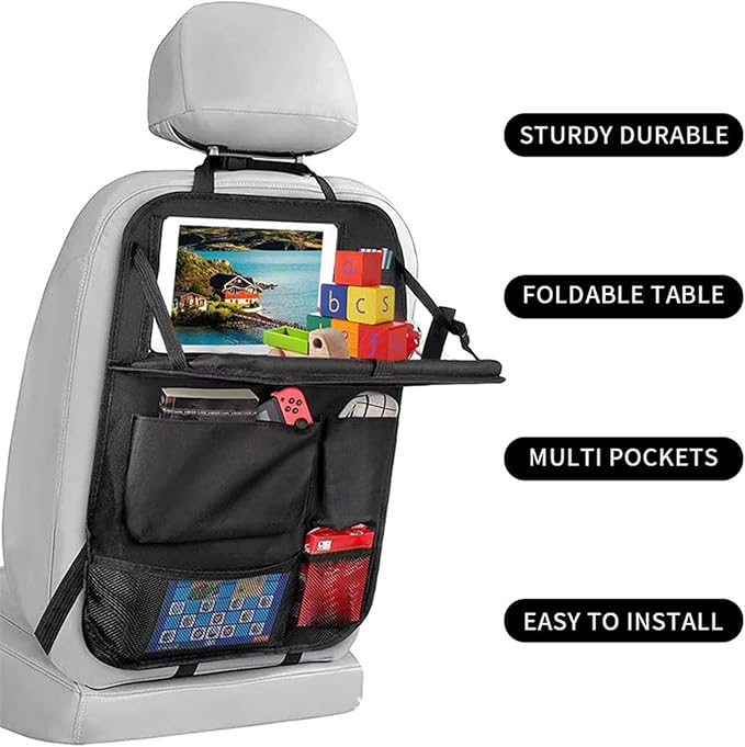 HSEAREA Car backseat organizer,with tablet holder, 6 storage pockets, foldable food tray, car seat back protectors kick mats, travel accessories, black (2)