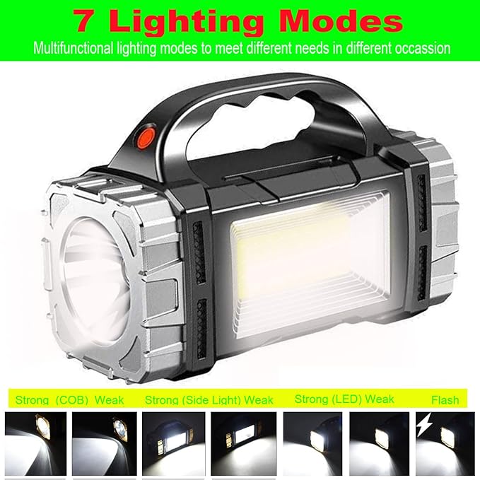 SUYOOULIN Solar Rechargeable LED Soptlight Flashlight, Super Bright 7000LM Handheld LED Searchlight, Multifunctional Camping Lantern Light, 8 Light Modes, Waterproof IPX4, for Emergency, Home