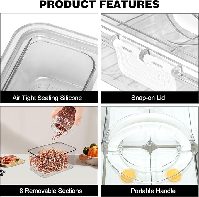 Premium Leak-Proof Snackle Box Container with 8 Clear Compartments & 6 Airtight Lids | Portable Clear Snack Tray with Lid & Handle | Divided Serving Tray for Fruits, Snacks, Sauces, Veggie & More