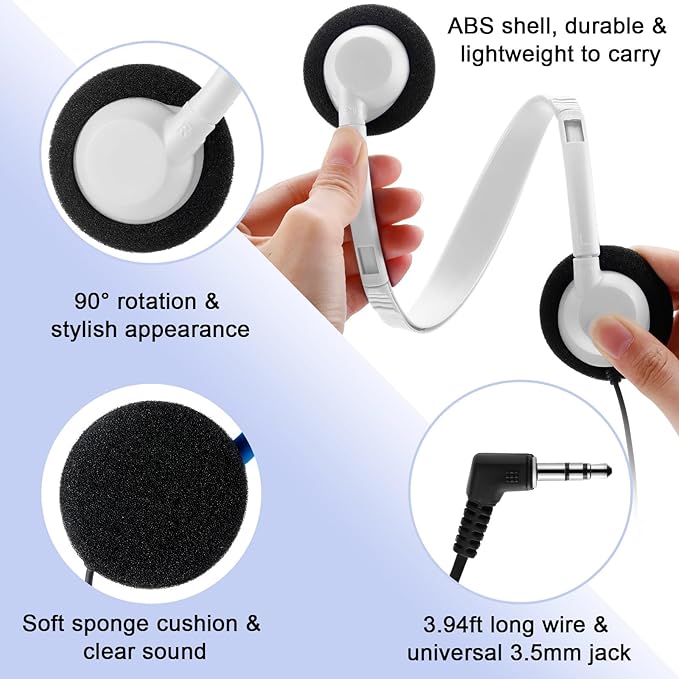 Yunsailing 30 Pack Bulk Headphones Set Over Ear Headphones with Adjustable Headband 3.5mm Plug Headsets Earphones for Learning Program, Computer Lab, Library, Testing & Multimedia Use (White)