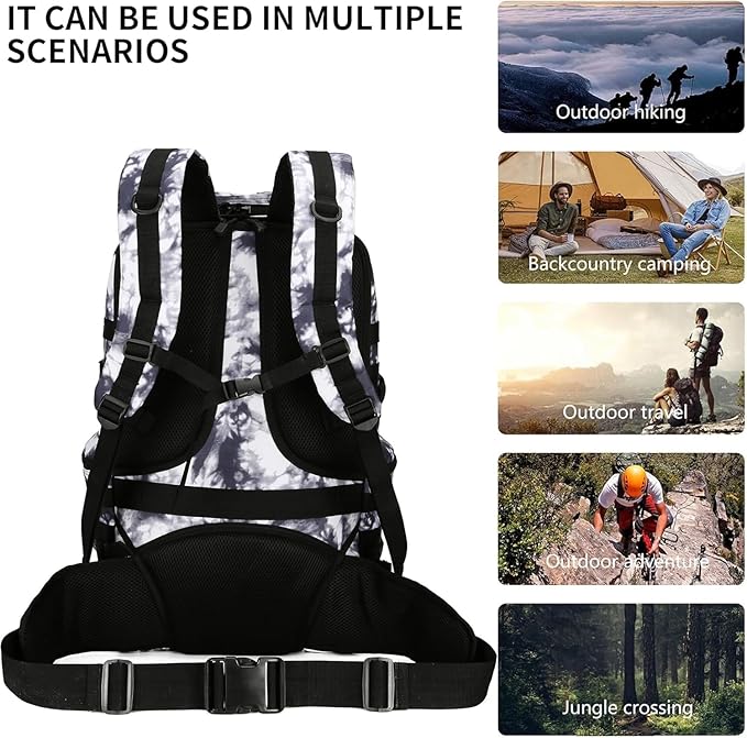 HongXingHai 50L Military Tactical Backpack 3 Day Assault Pack Molle Daypack Hiking Backpack for Men and Women (Black white Tie-Dye)