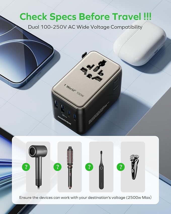 MOMAX 6-in-1 Universal Travel Adapter, GaN 100W International Power Adapter, 2 AC, 2 USB-C PD Fast Charging & 2 USB-A QC, All-in-one International Plug Adapter for Travel European UK AUS JP