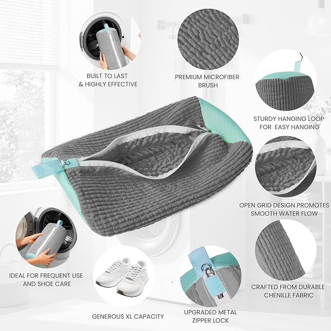 Shoe Washing Machine Bag, 2-Pack Reusable Shoe Bag for Washing Machine, 360° Deep Clean for Sneaker, Running Shoes,Bras, Delicates and Toys, Includes 2 Shoe Storage Dust Bags（Grey)