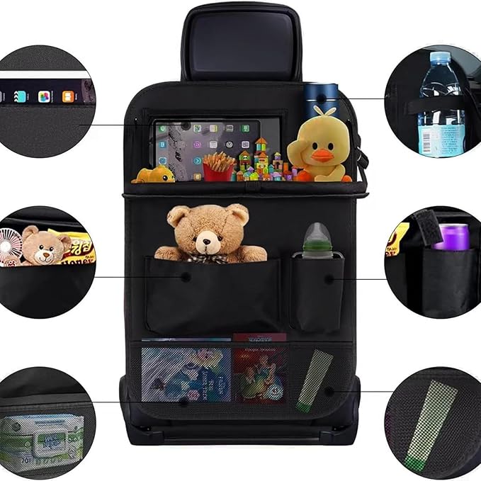 HSEAREA Car backseat organizer,with tablet holder, 6 storage pockets, foldable food tray, car seat back protectors kick mats, travel accessories, black (2)