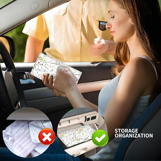 Leather Car Registration and Insurance Card Holder, Cute Car Accessories Vehicle Glove Box Car Organizer for Documents, Cards, License Beautiful White Flowers