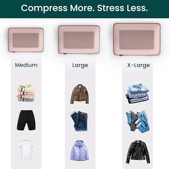 NOBL Travel Compressible Packing Cubes Set, 6 Pieces Travel Packing Organizers, Compression Luggage Cubes for Suitcases & Carry On, Space Saving (XXS, XS, S, M, L, XL) - Pink