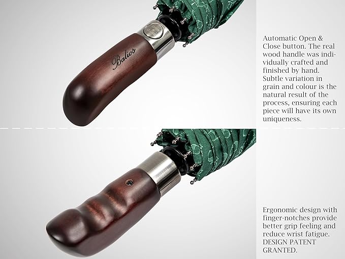 Balios Travel Folding Umbrella with Real Wood Handle Auto Open Close Vented Windproof Canopy - Designed in UK