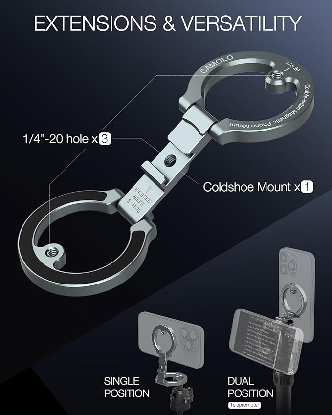 Dual Magnetic Phone Holder Compatiable with Magsafe for iPhone 16 15 14 13 12 Pro Max Plus Series, 1/4" Screw Tripod Mount, Gym Magnetic Phone Stand Travel(Silver)