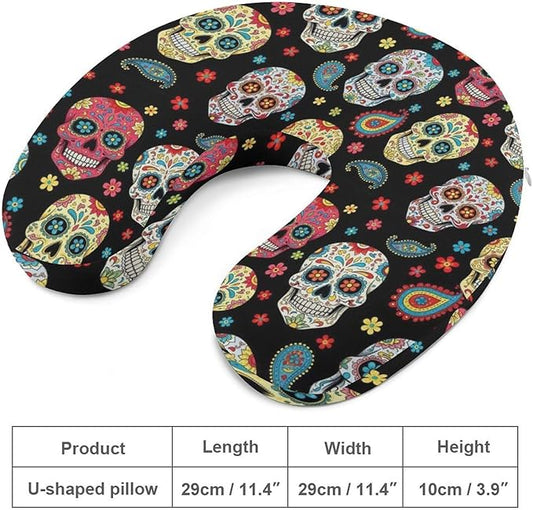 Cute Decorative Travel Neck Pillow Memory Foam Chin Cushion Vintage Paisley Sugar Skull, Washable Cover for Women Airplane Car Home Sleeping Rest