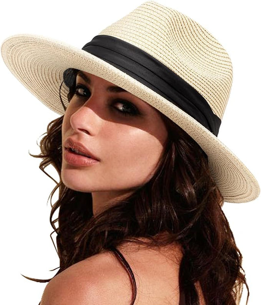 DRESHOW Women Straw Panama Hat Travel Fedora Beach Sun Hat Summer Wide Brim Straw Roll up Hat UPF 50+