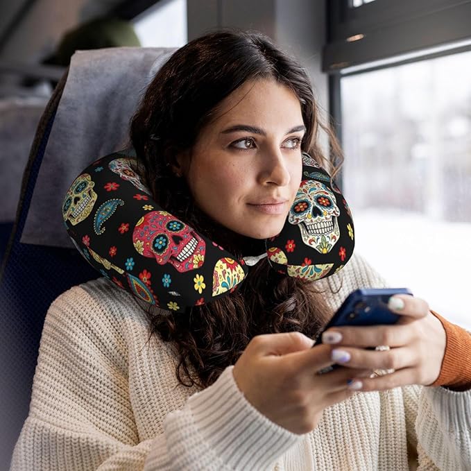 Travel Neck Pillow for Pain Relief Sleeping, Vintage Paisley Sugar Skull, Comfortable Memory Foam Chin Head Cushion Support with Zip Cover, Fashion Car Flight Pillows