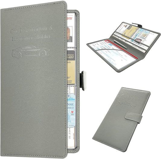 RSAquar Car Registration & Insurance Holder - Leather Glove Box Organizer, Cool Accessories for ID, Driver's License Cards & Essential Documents, Men & Women, Gray
