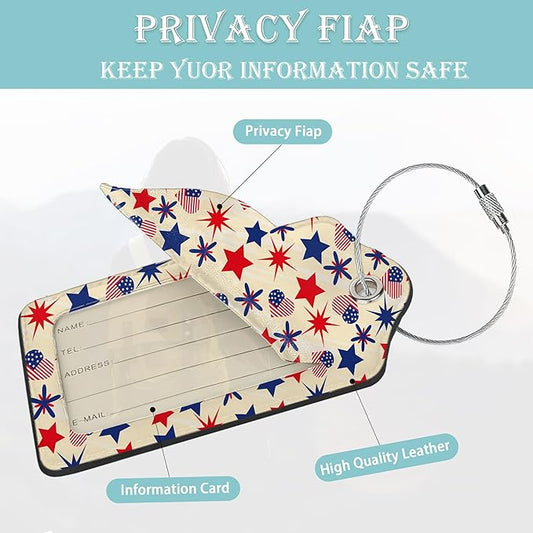 Luggage Tags for Suitcase,2 Pack American Stars Flag Luggage Tag PU Leather Privacy Cover ID Label with Stainless Steel Loop for Women Men Teens Travel