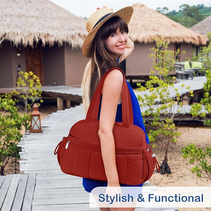 TOPDesign Travel Duffel Bag for Women, Puffer Gym Bag Sports Tote with Wet Pocket, Carry On Weekender with Luggage Sleeve (Maroon)