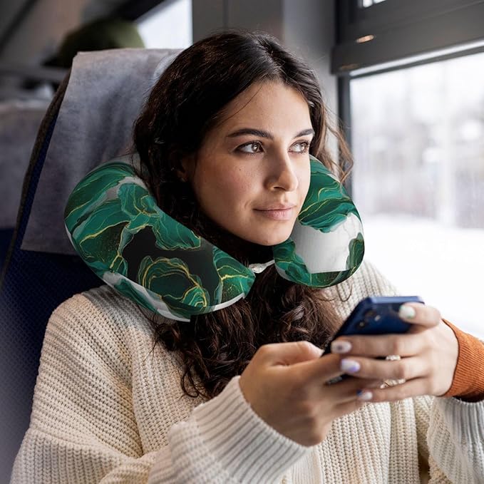 Comfortable Memory Foam Neck Pillow Abstract Teal Green Turquoise Marble, Travel U Shaped Airplane/Car/Flight Pillows with Removable Zipper Cover, Chin Head Neck Support Cushion