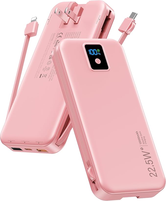 Portable Charger, 12000mAh 22.5W Fast Charging Power Bank with Built-in Cables & Wall Plug, Travel Essential Battery Pack with LED Display, USB C Battery Phone Charger for iPhone, iPad, Samsung Pink