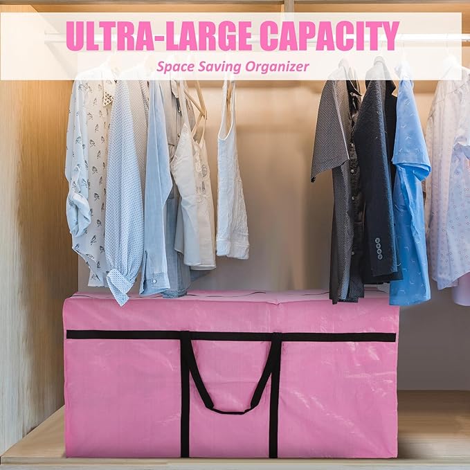 4 Pcs 96 Gallon Large Moving Bags with Zipper and Handles Foldable Storage Duffle Bags Heavy Duty Extra Large Totes for College Dorm Travel Clothes Blankets Bedding Moving (Pink)