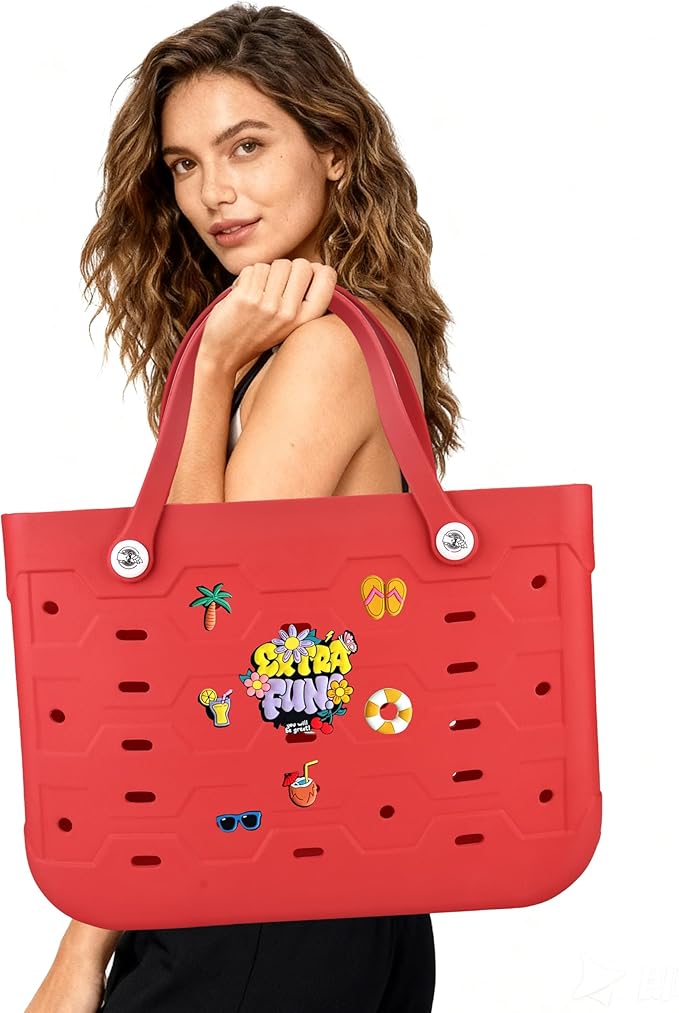 2-Piece Tote Bag Set, Waterproof Rubber Beach Bag with Summer Pattern, Medium & Large Handbag for Pool, Beach, Boat