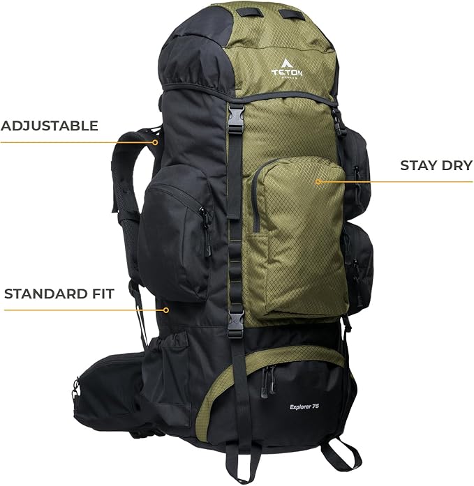 Teton 75L Explorer Internal Frame Backpack for Hiking, Camping, Backpacking, Rain Cover Included, Ocean