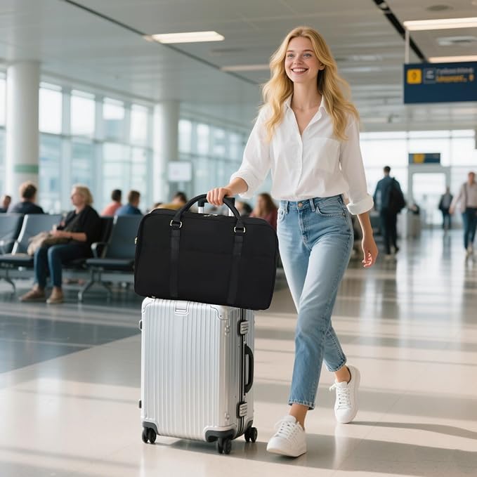 Travel Duffle Bag for Women & Men - Weekender Overnight Bag, Large Carry-On Gym Bag, Sports Duffel, Hospital Bag, Yoga Tote,Work Bag & Trolley Sleeve (Black)