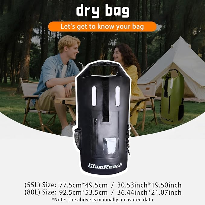 55L Dry Bag for Men - Heavy Duty Waterproof Backpack, Large Roll Top Rip-Resistant Rucksack for Kayaking, Camping, Boating, Hiking, Fishing & Travel with 2L dry bag (Black,55L)
