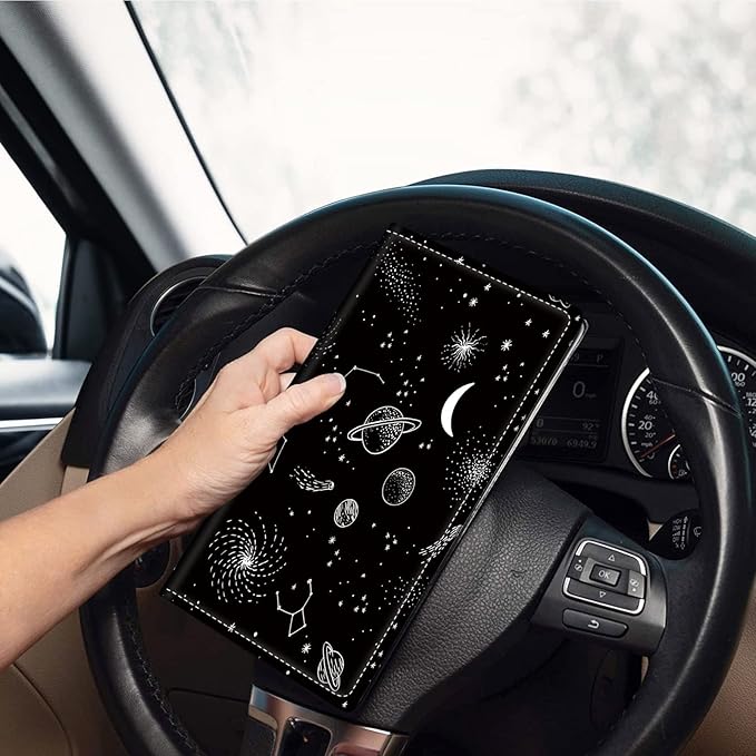 Car Registration and Insurance Holder, Leather Car Glove Box Organizer, Cool Car Accessories for ID, Driver's License Cards & Essential Document, business cards, Men&Women,Moon Spaceship