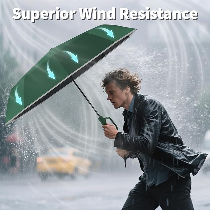 Seniny Travel Umbrella with Carabiner Handle, Windproof Large Umbrellas for Rain with Dual-Rib Structure, Portable Compact Umbrella with Reflective Strip, Car Backpack UV Umbrellas for Sun Protection