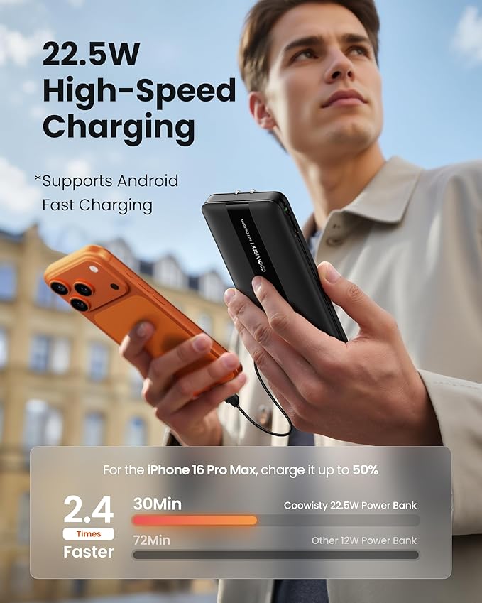 Portable Charger with Foldable AC Wall Plug, Fast Charging 10500mAh 22.5W Power Bank with Built-in Cables, 4 Outputs 3 Inputs LED Display Slim Battery Pack Compatible with iPhone/Android (Black)