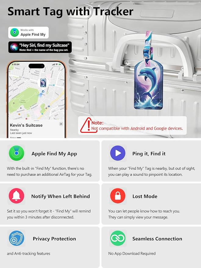 Luggage Tags Built-in Anti-Loss Tracker, Luxury Leather Luggage Tags for Suitcase, Travel Bags, Backpacks, Travel Organizer for Lost Baggage Prevention (Moon Dolphin)
