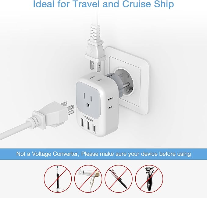 TESSAN Type E F Plug Adapter, Germany France Power Adapter with 3 USB Ports(1 USB C), 4 AC Outlets Travel Adaptor for US to Europe EU Spain Iceland Korea Greece Russia German French