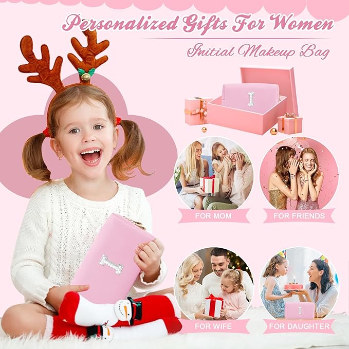 ChaoGreat Bride Gifts – Personalized Initial Makeup Bag with Pearl Rhinestone Patch, Preppy Pink Monogram Cosmetic/Toiletry Pouch, bridesmaid Gifts, Bridal Shower Gifts, Wedding Gifts, Bridal Gifts,I