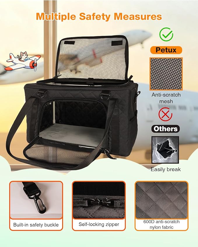 PETUX Airline Approved Cat Carrier for Small Cat - 16" x 10" x 9.5", Double Anti-Escape, Collapsible, Underseat, Under 10 lb with Removable Snack Bag, Safety Buckle, Leash - Ideal for Travel - Black