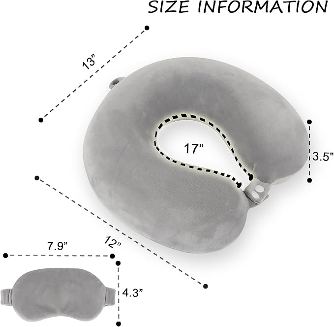 Sexysamba Pure Memory Foam Travel Pillow Set for Adults - Comfortable & Removable Machine Washable Cover, Neck Support Pillow Airplane Travel Kit with Eye Mask for Portable Plane Accessories - Grey