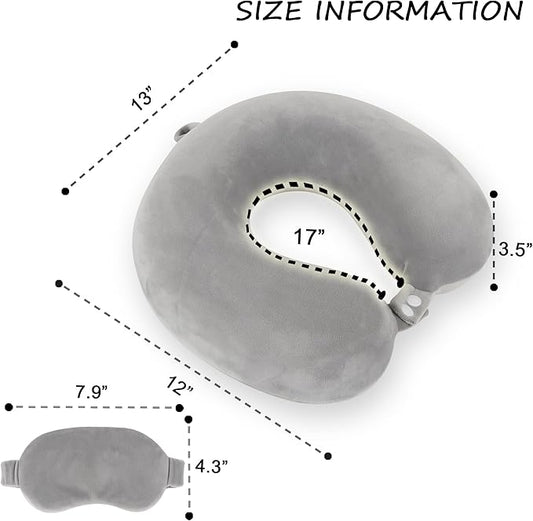 Sexysamba Pure Memory Foam Travel Pillow Set for Adults - Comfortable & Removable Machine Washable Cover, Neck Support Pillow Airplane Travel Kit with Eye Mask for Portable Plane Accessories - Grey