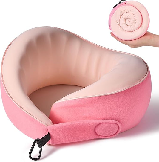 Travel Pillow, 100% Pure Memory Foam Travel Neck Pillow Airplane Neck Support Ergonomic Design for Traveling Suitable for Airplanes,Offices and Cars-Cooling Silk Pink